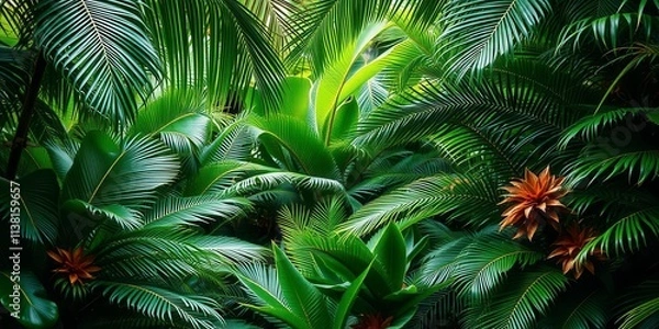 Fototapeta Tropical palm leaves with vibrant green colors and jagged edges, creating a lush and exotic atmosphere, nature, tropical, tropical vacation