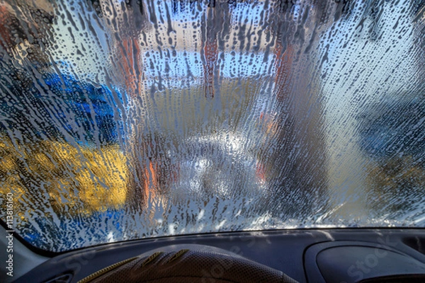 Fototapeta Automatic Car Wash. View from Inside car