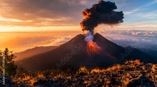 Fototapeta Majestic Volcanic Eruption: the Raw Power of Nature’s Fury. A Stunning Display of Lava, Ash, and Smoke, Immortalizing Earth’s Fiery Force. Science, Natural Phenomena, and Landscape Campaigns.
