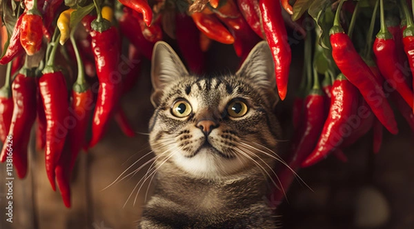 Fototapeta A curious cat gazes up at vibrant red chili peppers hanging above, creating a striking and whimsical contrast in this playful scene.