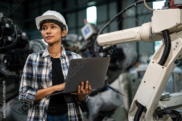 Obraz Professional female engineer wearing a safety helmet, holding a laptop to monitor and analyze a robotic arm in an industrial factory, showcasing advanced automation, precision engineering, and modern 