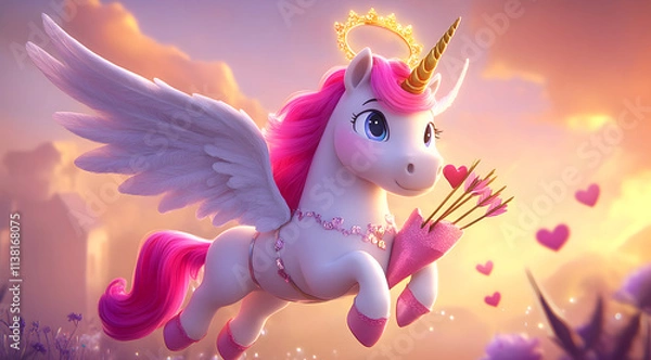 Obraz A whimsical winged unicorn with a pink mane and halo flies through a dreamy landscape, surrounded by hearts and pastel colors.