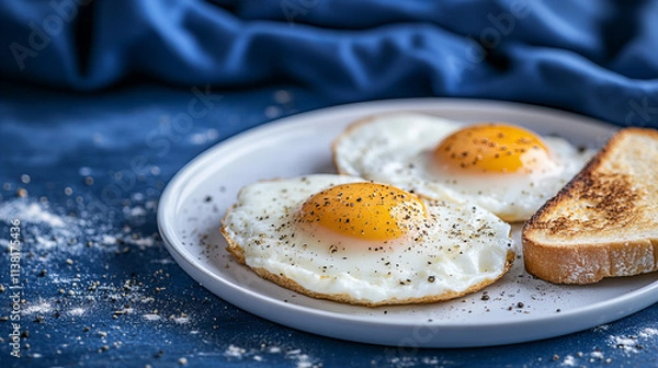 Fototapeta Perfectly cooked sunny-side-up eggs served on a plate with toast and seasoning on a blue tablecloth
