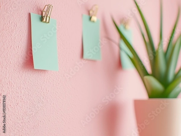 Obraz business mindset leadership goals concept, A minimalist wall display featuring pastel sticky notes clipped on a pink surface, with a green plant in a white pot adding a touch of nature.
