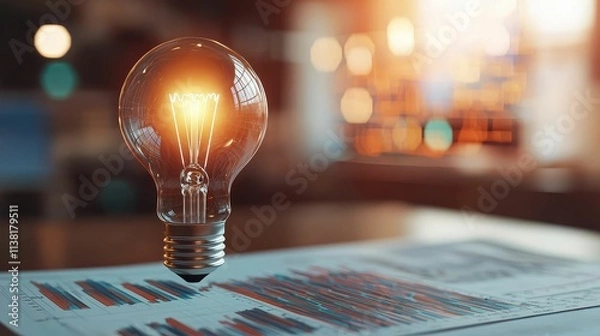 Obraz business mindset leadership goals concept, A glowing light bulb sits atop a document featuring colorful graphs, symbolizing innovation and ideas in business or creative fields.
