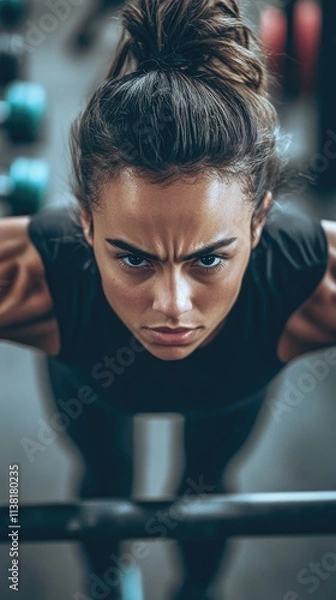 Obraz A focused woman performing push-ups in a gym, showcasing strength and determination.