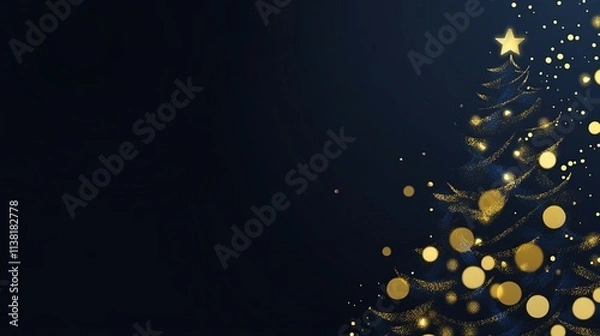Fototapeta An elegant Christmas tree with gold ornaments and soft bokeh lights on a dark blue background, perfect for holiday cards, banners, invitation templates, celebrations, parties, business promotions