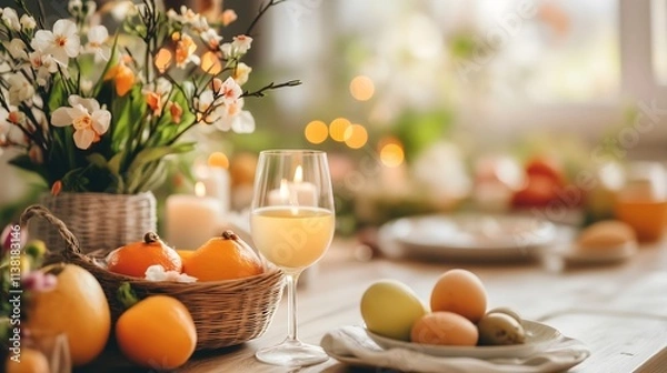Fototapeta Spring table setting with citrus and blossoms, fresh seasonal concept for Easter brunch and spring celebrations. Suitable for entertaining guides, lifestyle content and seasonal home decor inspiration