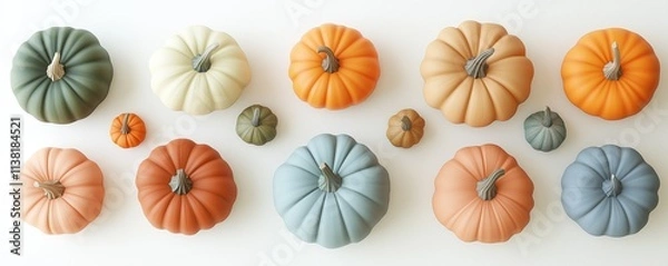 Fototapeta A set of pumpkins with different colors and shapes on a white background, emphasizing the simplicity and premium quality of autumn harvest, perfect for seasonal decor and fall designs.