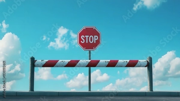 Obraz Red Stop sign with a striped barrier in front of a blue sky with clouds.