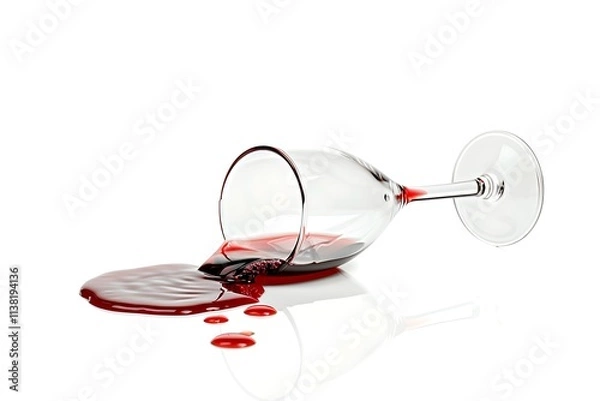 Fototapeta Spilled Red Wine in a Glass on White Surface with Reflections on White Background