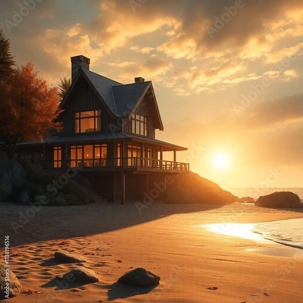 Obraz A majestic beach house, bathed in warm autumnal light, with an epic lens flare, heroic scale, and earthy coziness, rendered in a modern future style