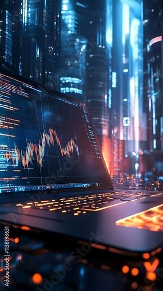 Fototapeta Financial market analysis with stock market predictions on laptop screen 