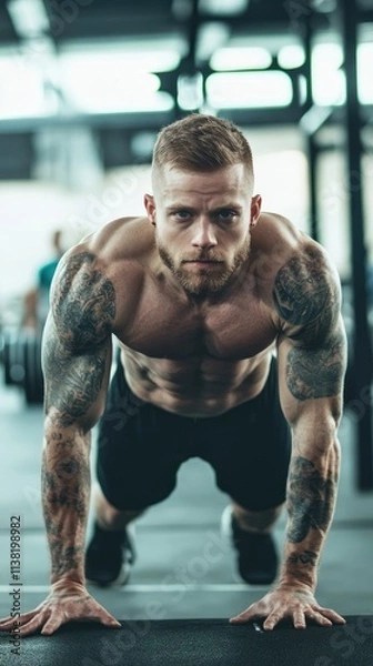 Obraz A muscular man performs push-ups in a gym, showcasing strength and fitness dedication.