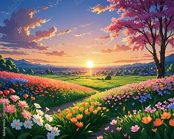 Fototapeta Vibrant Spring Sunset over a Colorful Flower Field. A picturesque digital painting depicting a serene spring sunset over a lush field bursting with a variety of colorful flowers.