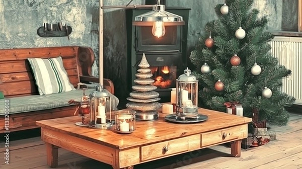 Fototapeta cozy scandinavian living room scene: a wooden table adorned with minimalist holiday ornaments and soft candlelight — perfect poster for creating a warm atmosphere in your home decor.