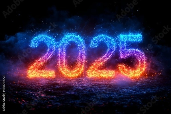 Fototapeta Fiery and Icy 2025: , 2025 new year word art design with dark background