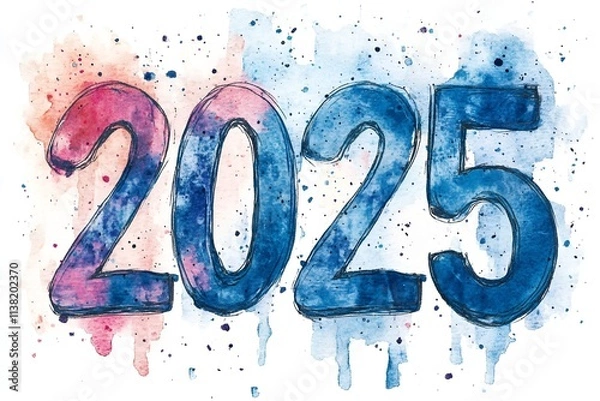 Fototapeta Watercolor and Ink Illustration of the Year 2025, Featuring a Splashy, Artistic Style with Dripping Colors, 2025 new year word art