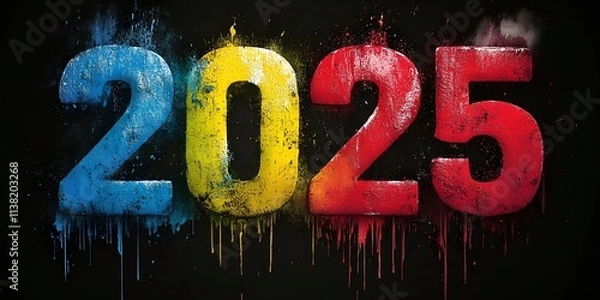 Fototapeta vibrant and textured depiction of the year 2025, rendered in bold, dripping paint strokes of blue, yellow, and red against a dark background, 2025 new year word art