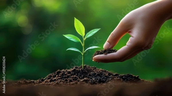 Fototapeta A close-up of a hand planting a small seedling into the soil, symbolizing environmental care, sustainability, and growth. The image is ideal for eco-friendly, gardening, or environmental topics. 