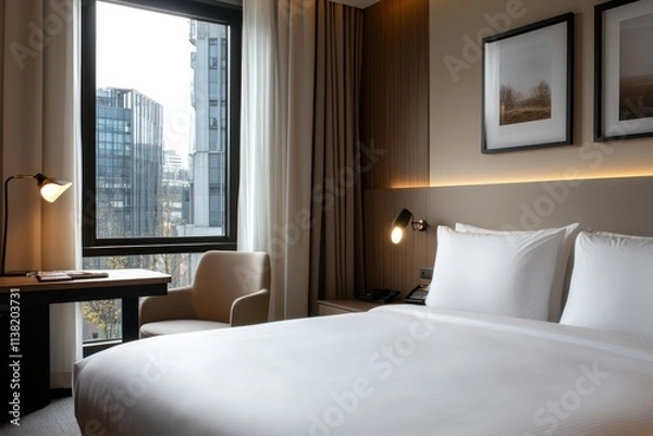 Fototapeta This contemporary hotel room features sleek decor, large windows offering a stunning view of the cityscape, and an inviting workspace, perfect for travelers and business guests.