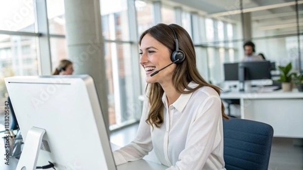 Fototapeta Smiling female call-center agent wearing a headset and providing professional customer support in a modern office environment, emphasizing effective communication and client assistance