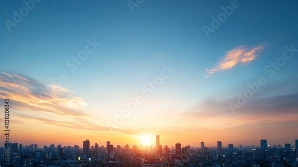 Fototapeta City skyline at sunset with colorful clouds.