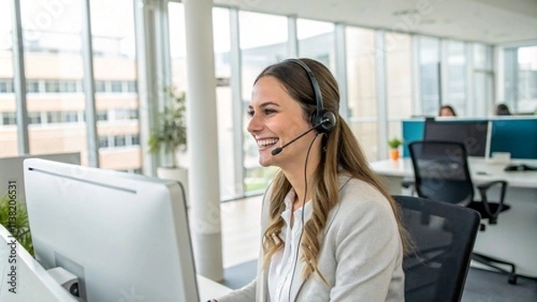 Fototapeta Smiling female call-center agent wearing a headset and providing professional customer support in a modern office environment, emphasizing effective communication and client assistance