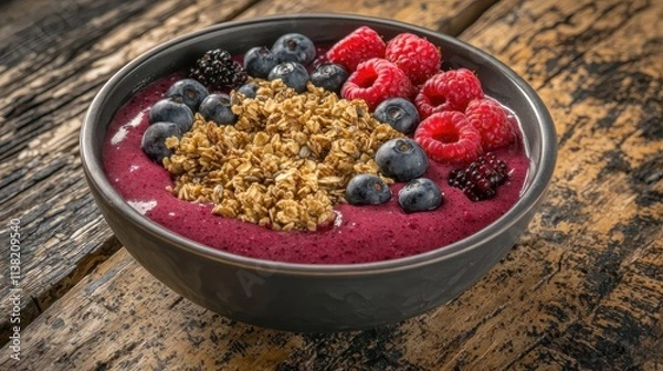 Fototapeta A fresh, colorful smoothie bowl topped with berries, granola, and seeds, placed on a rustic wooden table. The healthy and vibrant dish is ideal for wellness and food-related content. 