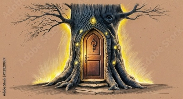 Fototapeta A magical door embedded into the side of an ancient tree with glowing light hand drawing