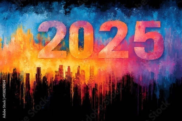 Fototapeta 2025 new year word art design with Cityscape background, 2025 new year word art