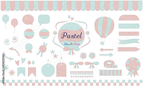 Fototapeta パステル（水色＆ピンク）フレーム・パターン・タグ・気球・風船・リボン・タグなどいろんなアイテムセット