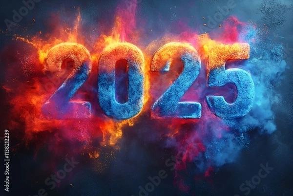 Fototapeta Explosive Arrival of 2025: A Fiery and Colorful New Year's Celebration, 2025 new year word art