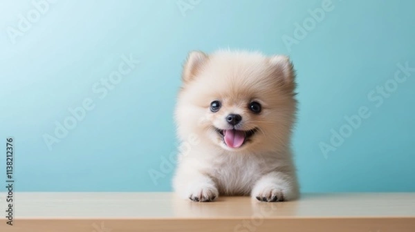 Fototapeta Cute Pomeranian puppy smiling and playing against a pastel background in a bright atmosphere.