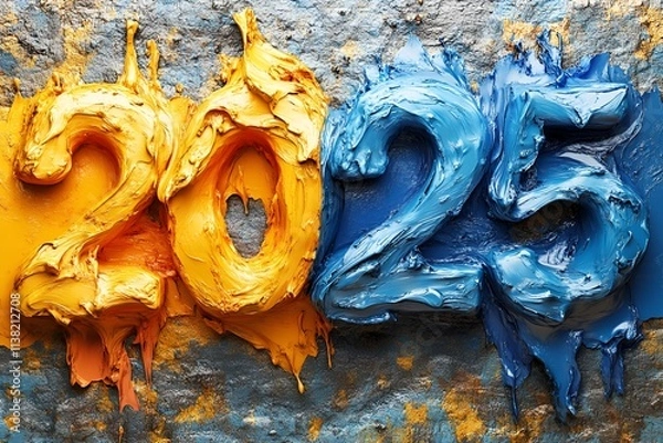 Fototapeta vibrant and textured 2025 New Year's greeting, rendered in thick, paint strokes of golden yellow and deep blue, 2025 new year word art