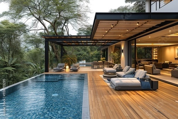 Obraz a lavish side outside garden at morning with a teak hardwood deck and a black pergola Scene in the evening with couches and lounge chairs by the pool