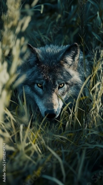Fototapeta Wolf hidden predator photography grass national geographic style documentary wallpaper. wolf wallpaper. Ultra realistic. Photorealistic hypermaximalist hyper realistic fine detail