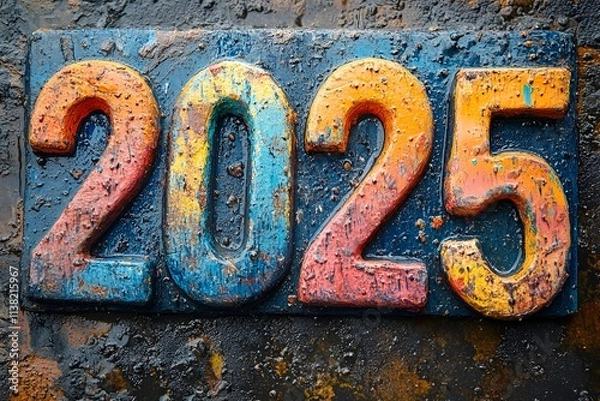 Fototapeta Rustic, Multicolored 2025 Number Plaque on a Weathered Metal Surface, 2025 new year word art
