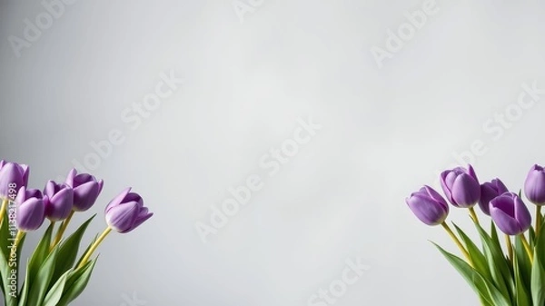 Fototapeta A delicate arrangement of vibrant purple tulips against a soft gray background, capturing the essence of springtime beauty