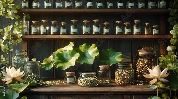 Fototapeta A serene herbal apothecary scene with lotus leaves drying on wooden racks, lotus seeds in glass jars, and a backdrop of aged wooden shelves filled with ancient herbal remedies, warm lighting,