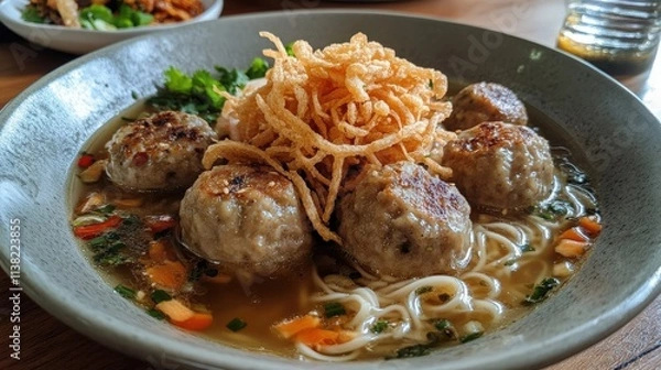 Fototapeta A plate of freshly made Bakso (Indonesian meatballs) in broth with noodles, vegetables, and chili, topped with fried shallots -