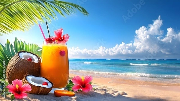 Fototapeta Tropical Beach Scene With Exotic Fresh Drink and Fresh Coconuts Summer Vacation Concept AI Generated