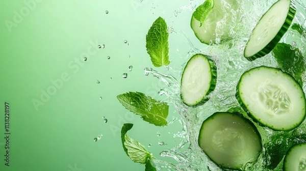 Fototapeta Fresh cucumber slices and mint leaves splash into cool water creating refreshing droplets in a vibrant setting