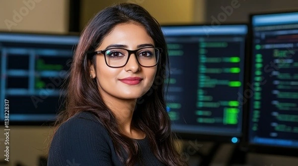 Obraz Indian woman works at computer programming with multiple screens displaying code in a modern office setting