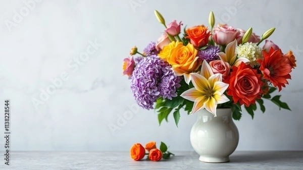 Fototapeta A vibrant bouquet of flowers arranged in a white vase, showcasing a delightful blend of colors and textures.