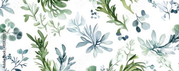 Obraz Seamless boho pattern of frosty seaweed salad, soft greens and blues, isolated on white background