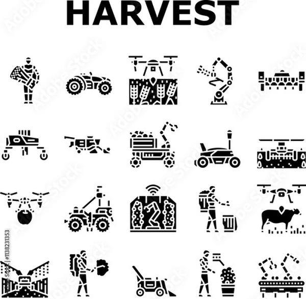 Fototapeta robot harvests automation icons set vector. agriculture technology, innovation efficiency, sustainability precision, ai robot harvests automation glyph pictogram Illustrations