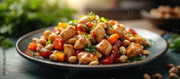 Fototapeta Delicious chicken stir-fry with peanuts, bell peppers, and parsley.
