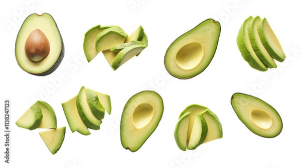 Fototapeta Set of fresh ripe avocado slices isolated on transparent PNG or white background.