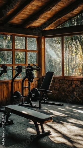Fototapeta A serene gym space with weights and a bench, surrounded by natural light and greenery.